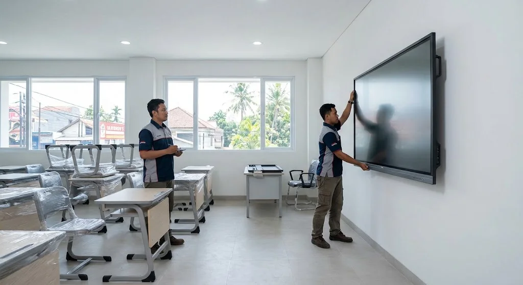 Teknisi profesional memasang smart board di ruang kelas